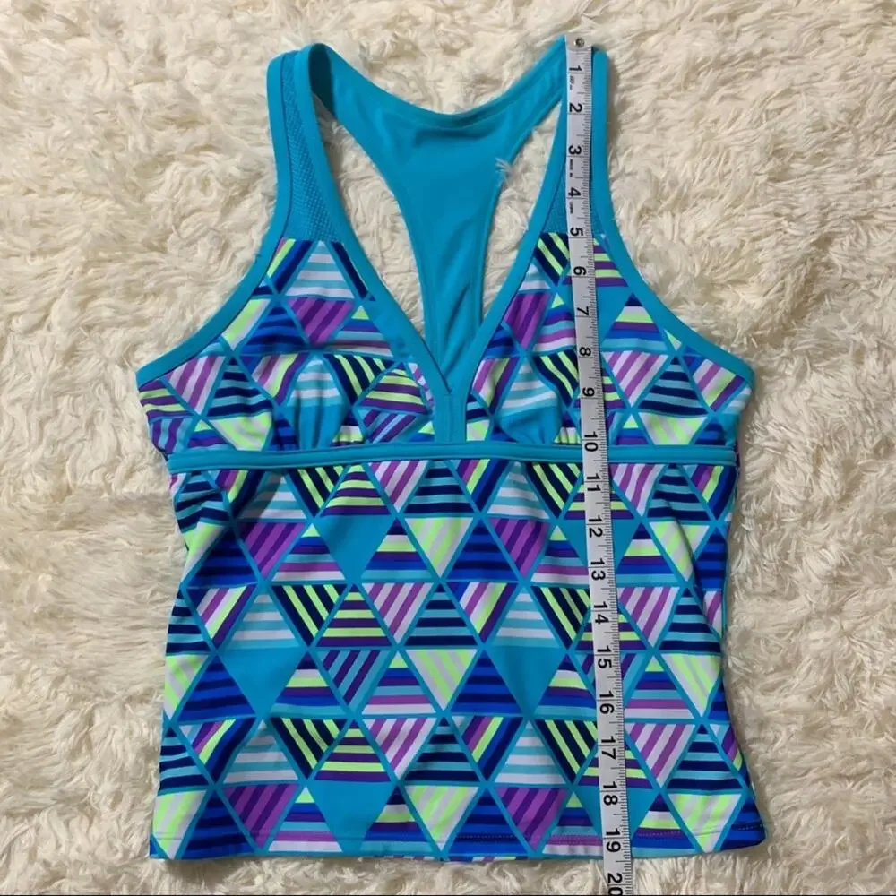 Justice Girls Swim Tank Blue and Geometric Print
